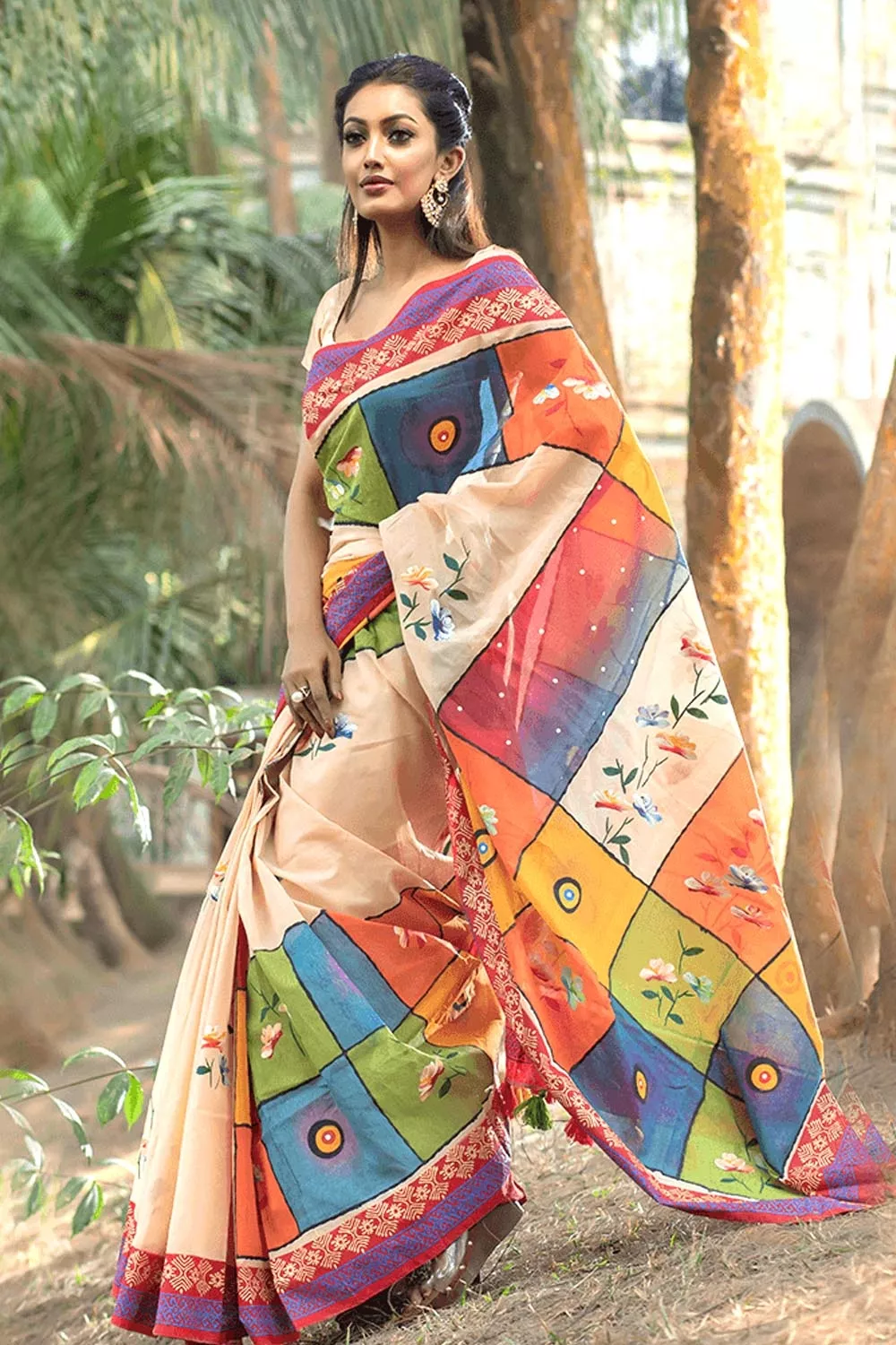 Block Printed Half Silk Saree